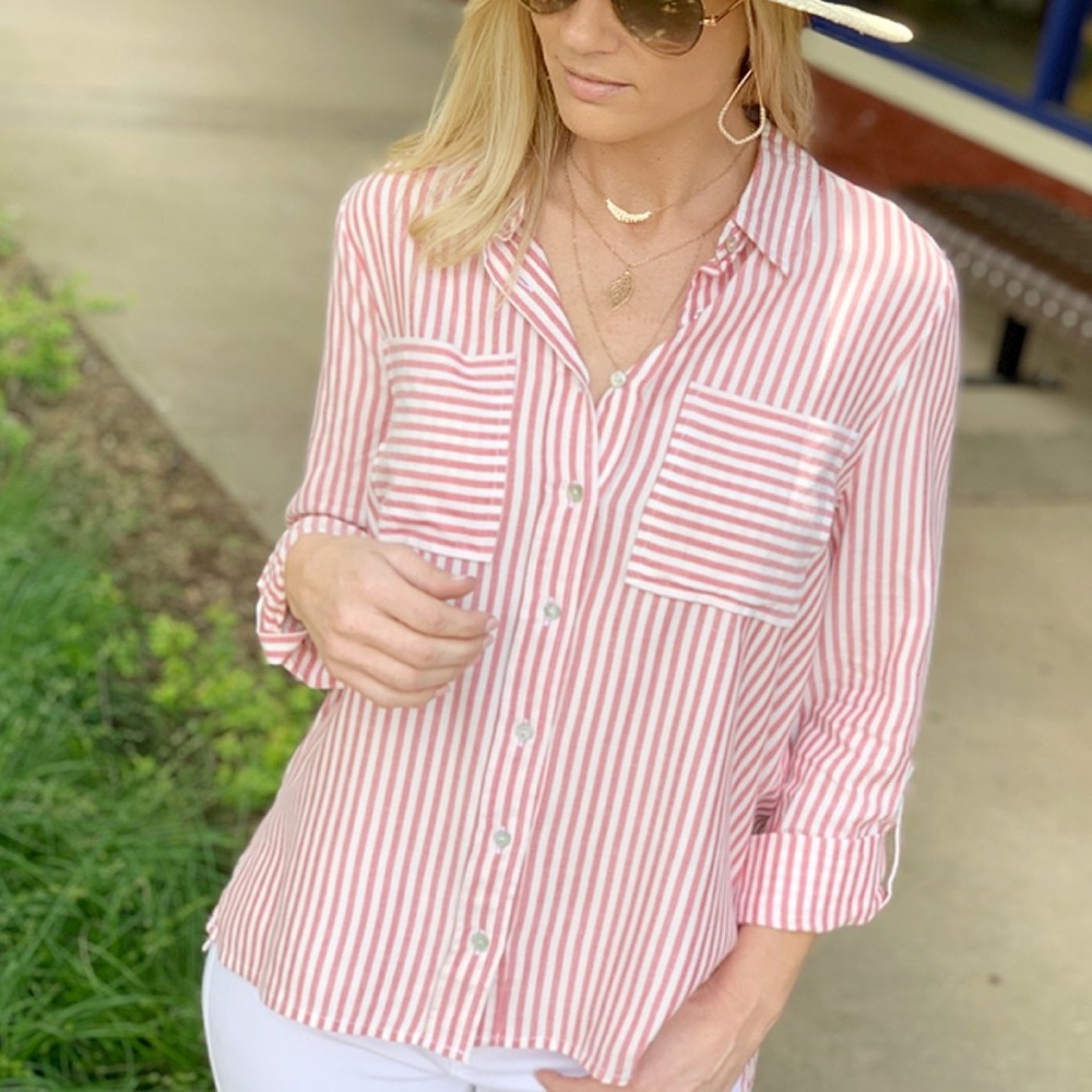 ✨LAST ONE✨Red striped roll tab sleeve button up - Picture 8 of 8
